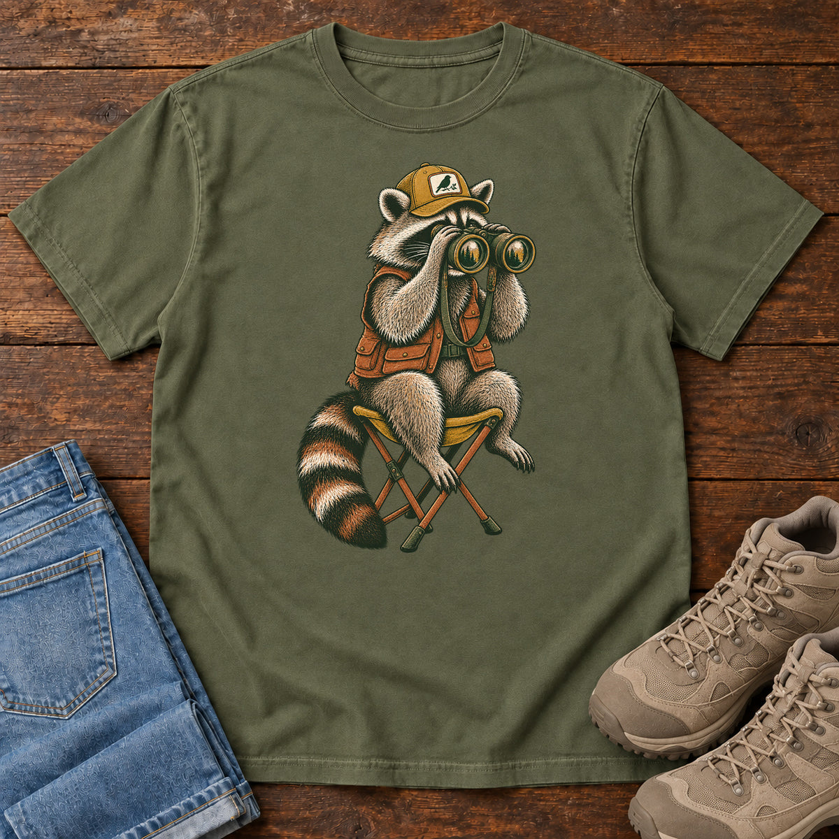 Raccoon Binoculars Chair T-Shirt in Hemp