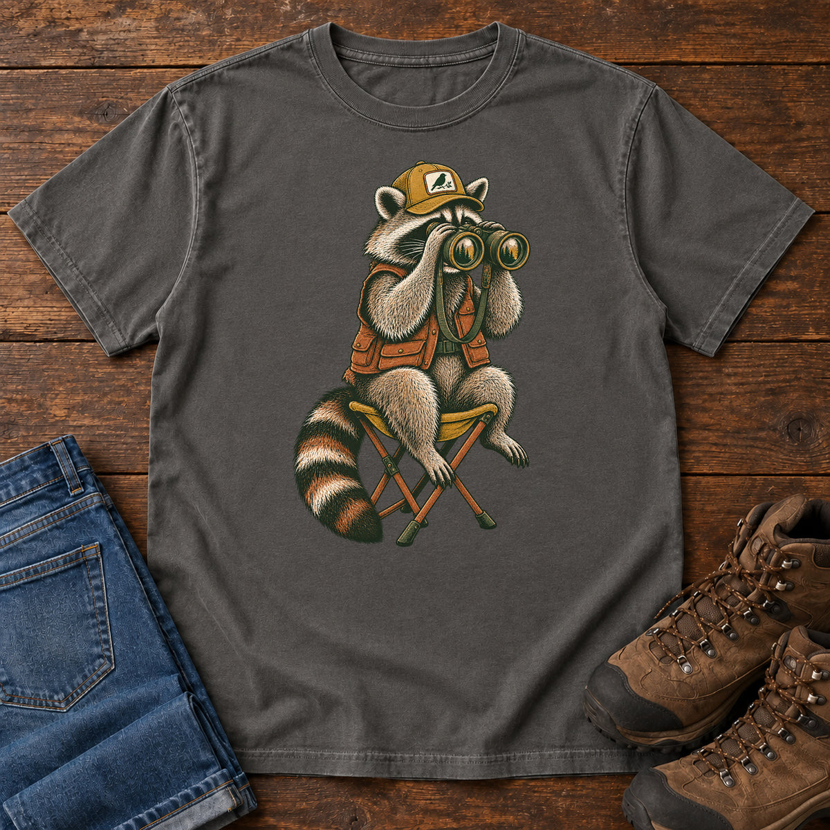 Raccoon Binoculars Chair T-Shirt in Pepper