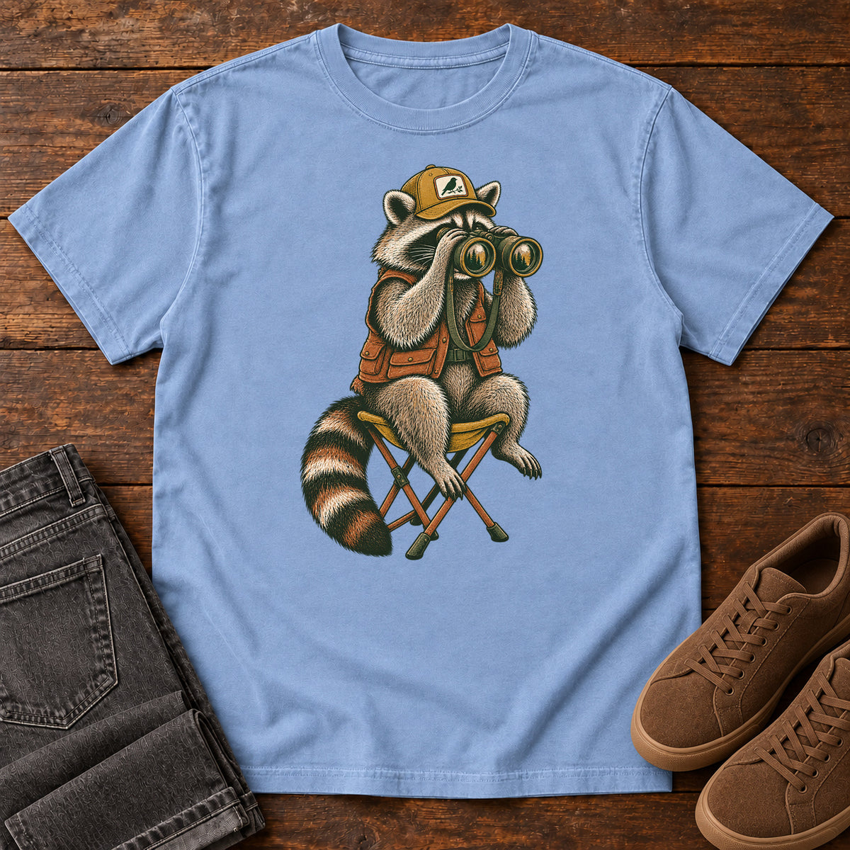 Raccoon Binoculars Chair T-Shirt in Washed Denim