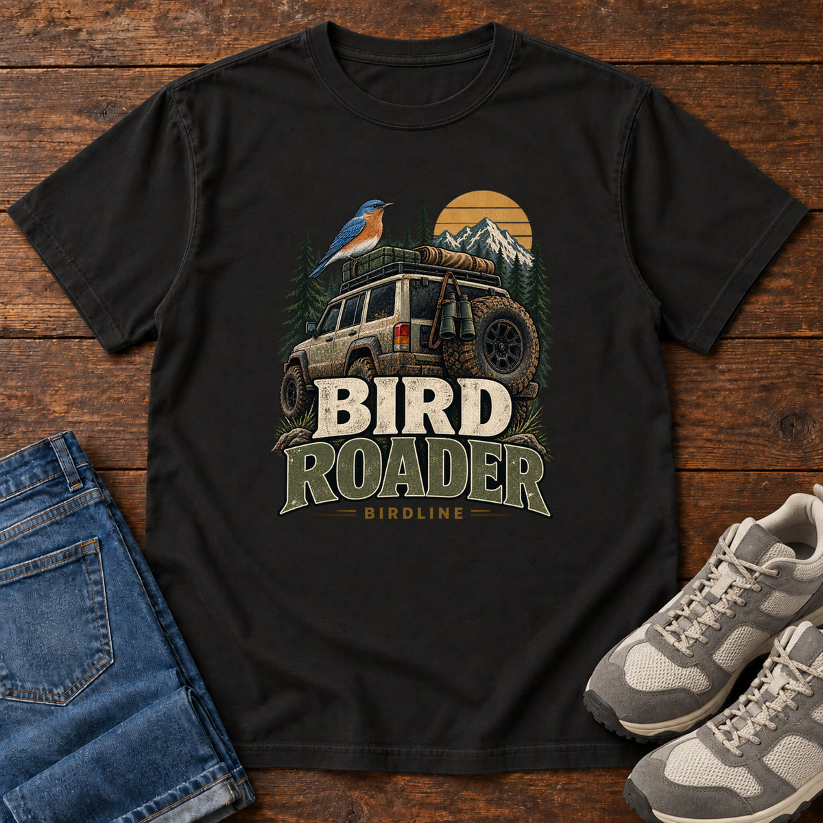 Black Bird Roader Tailgate T-Shirt with a bird on an off-road vehicle beneath mountains and a golden sun; front flat lay on wood.