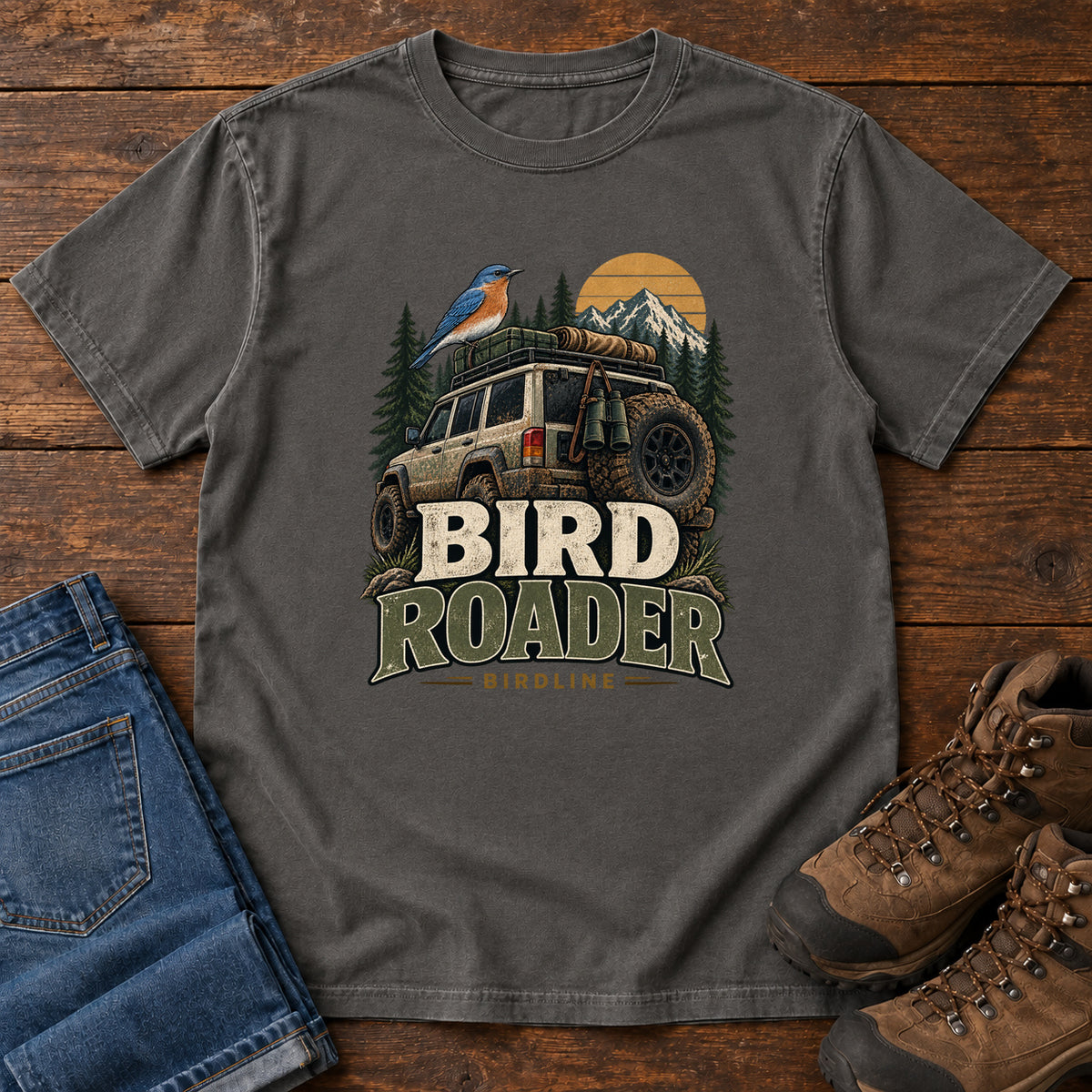 Pepper Bird Roader Tailgate T-Shirt with a bird on an off-road vehicle beneath mountains and a golden sun; front flat lay on wood.