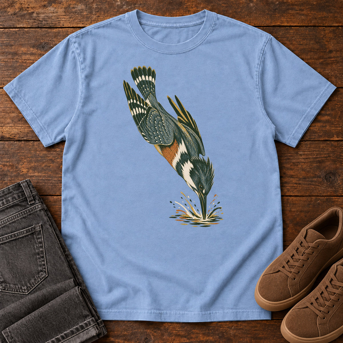 Diving Kingfisher T-Shirt in Washed Denim