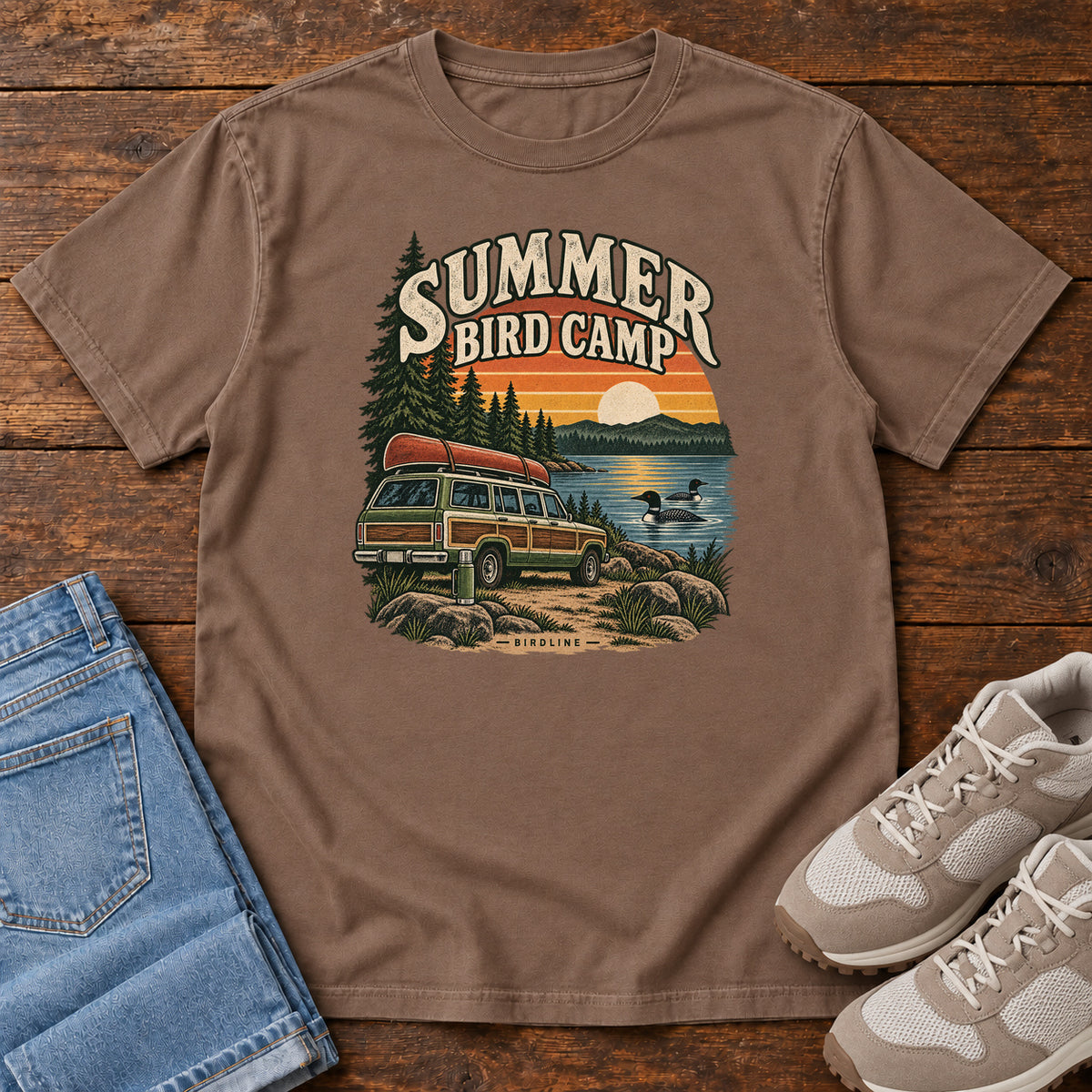 Summer Bird Camp T-Shirt in Espresso, front laid flat on wood, featuring a canoe-topped vehicle beside a lake with swimming birds, pine trees and a striped sunset.