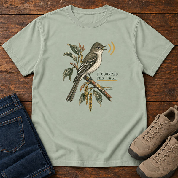 I Counted the Call Songbird T-Shirt – Perched in Bay, front view