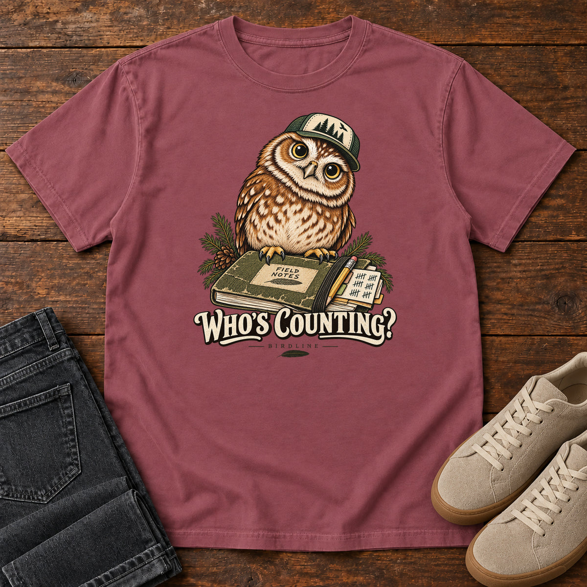 Brick Who's Counting? T-Shirt with a brown owl wearing a green cap beside a field notebook and checklist above cream lettering, front flat lay on wood.
