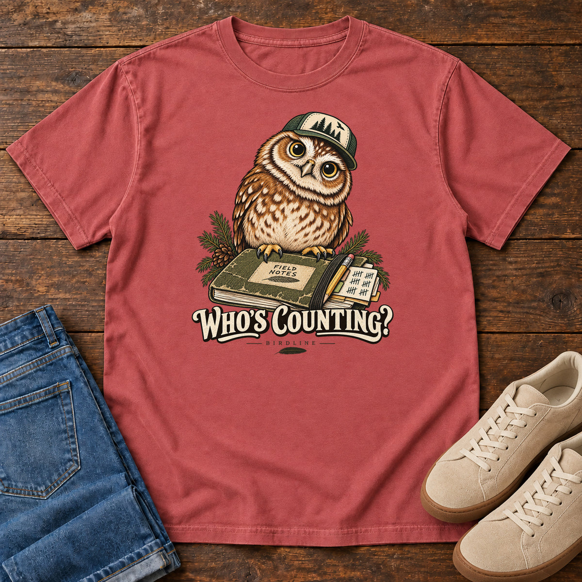 Crimson Who's Counting? T-Shirt with a brown owl wearing a green cap beside a field notebook and checklist above cream lettering, front flat lay on wood.