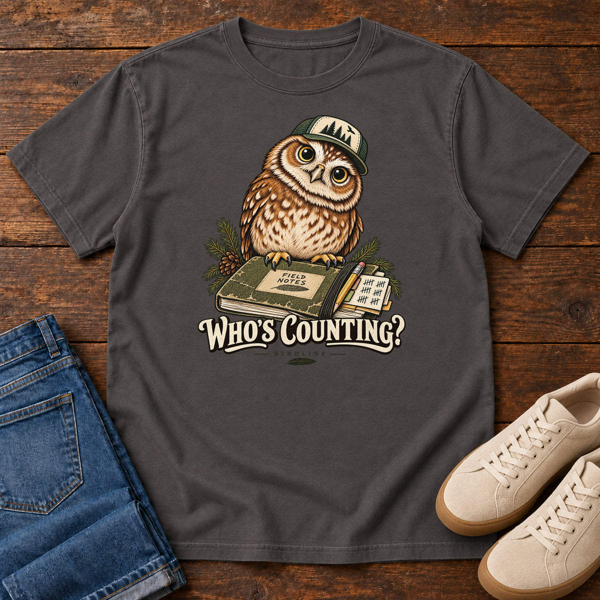 Graphite Who's Counting? T-Shirt with a brown owl wearing a green cap beside a field notebook and checklist above cream lettering, front flat lay on wood.