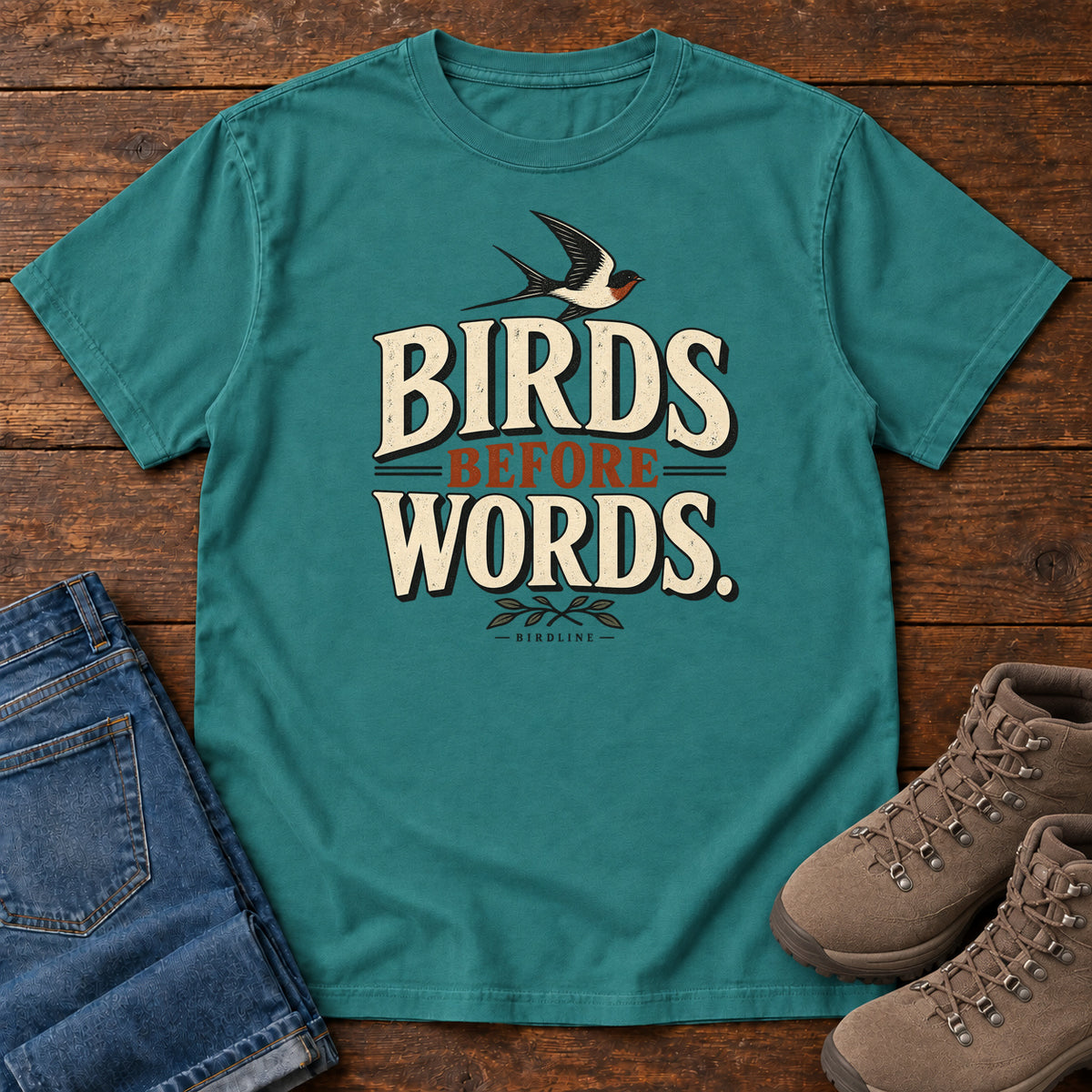 Birds Before Words T-Shirt in Emerald, front laid flat on wood, featuring cream and rust slogan lettering with a small flying bird above and leafy sprigs below.