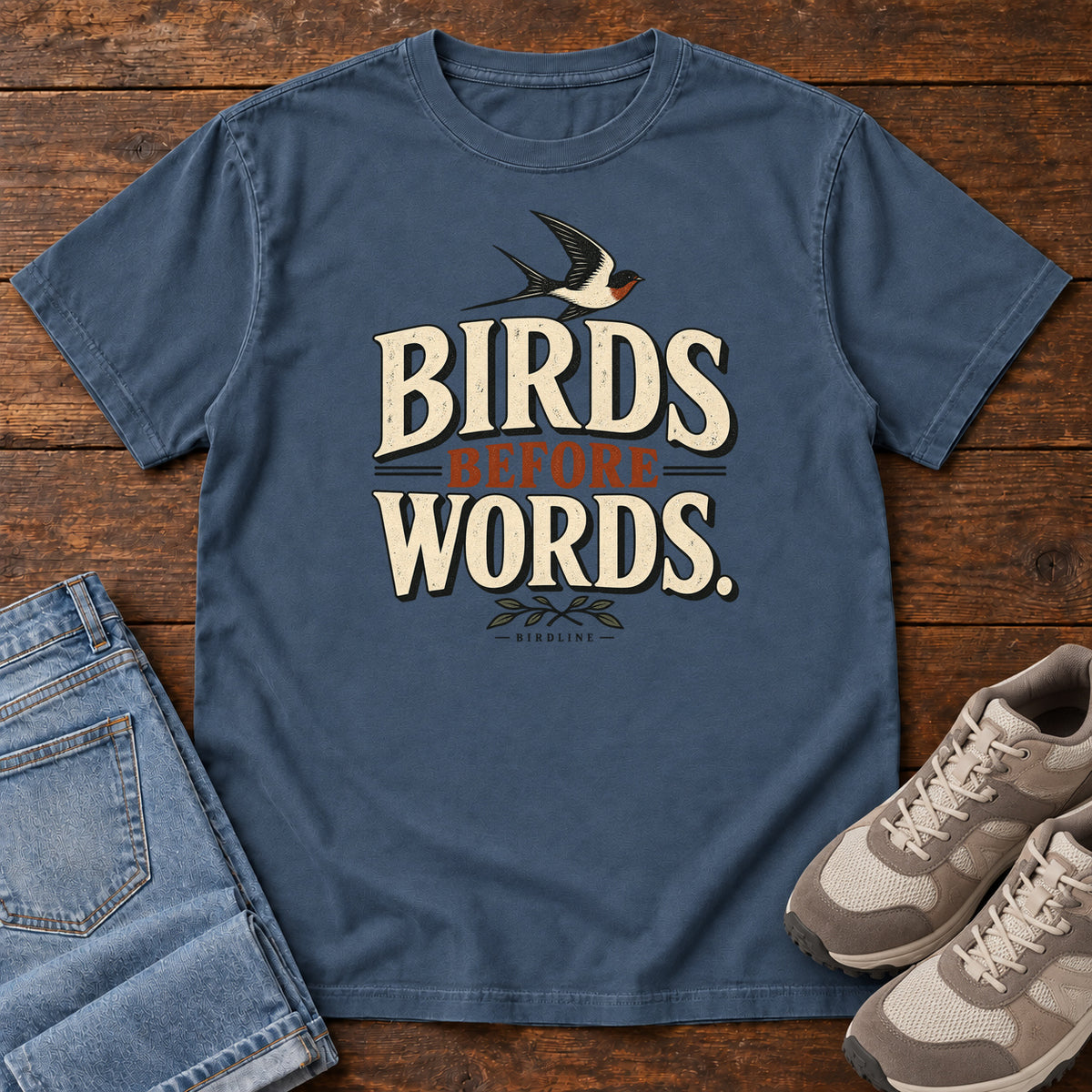 Birds Before Words T-Shirt in Midnight, front laid flat on wood, featuring cream and rust slogan lettering with a small flying bird above and leafy sprigs below.