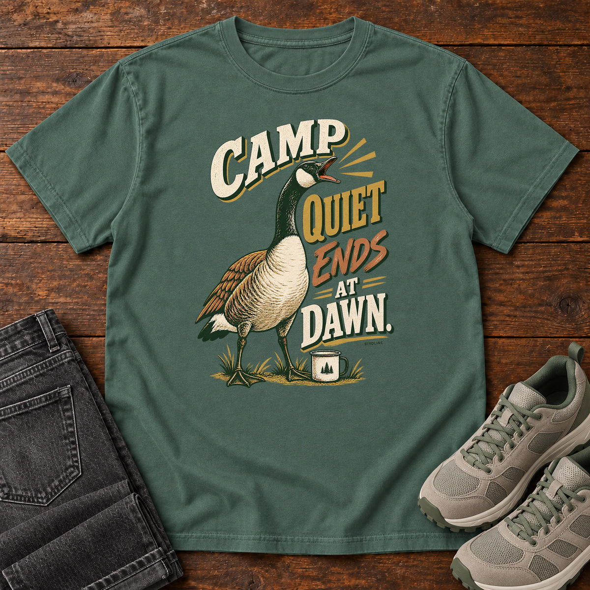 Camp Quiet Ends at Dawn Goose T-Shirt in Blue Spruce