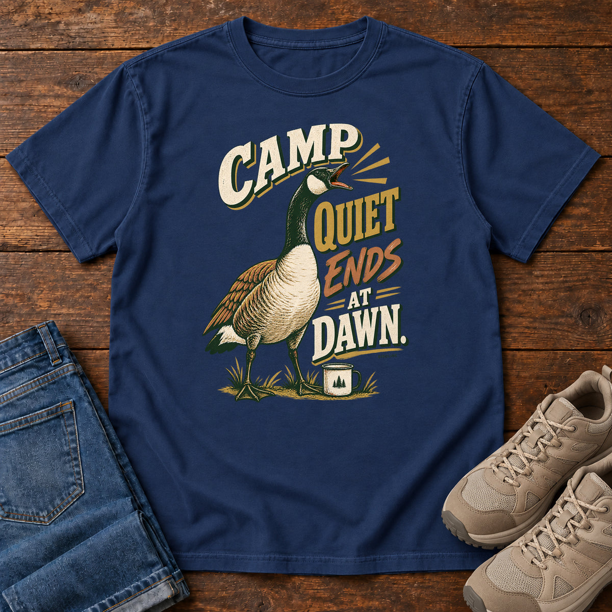 Camp Quiet Ends at Dawn Goose T-Shirt in True Navy