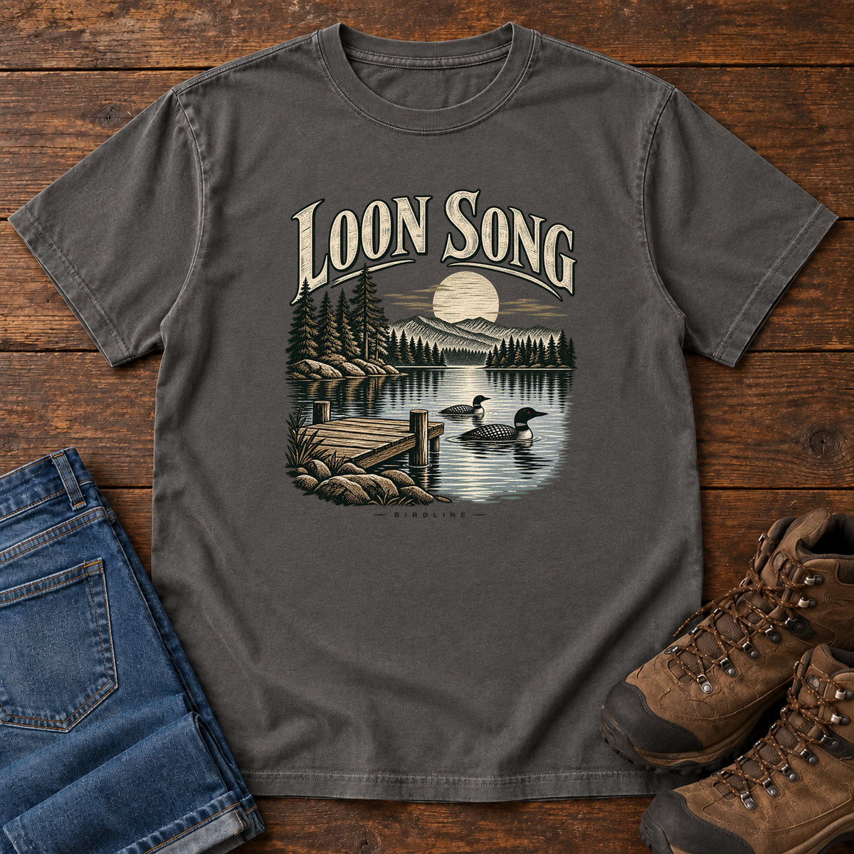 Pepper Loon Song T-Shirt with two waterbirds beside a dock on a moonlit lake beneath cream lettering, front flat lay on wood.
