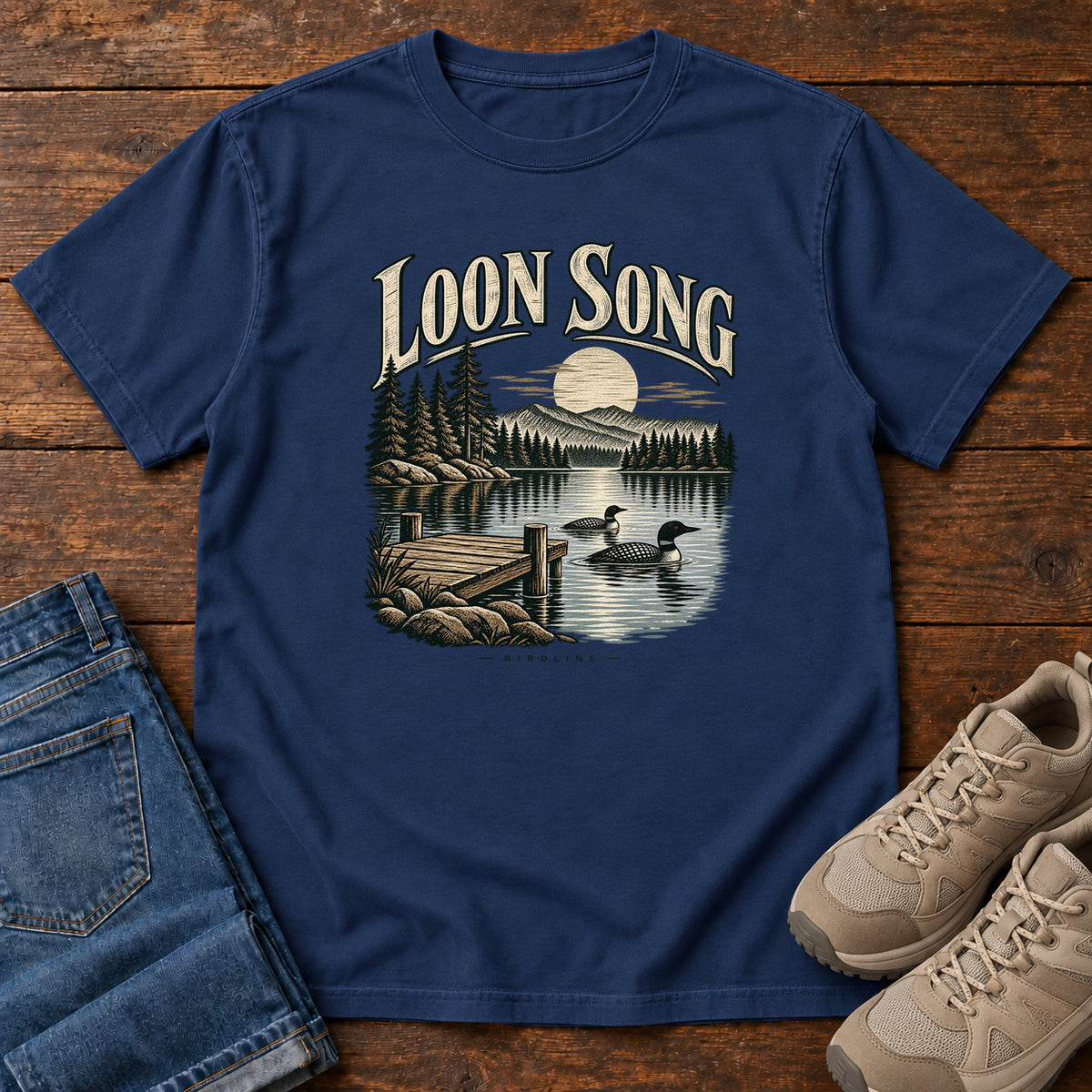 True Navy Loon Song T-Shirt with two waterbirds beside a dock on a moonlit lake beneath cream lettering, front flat lay on wood.