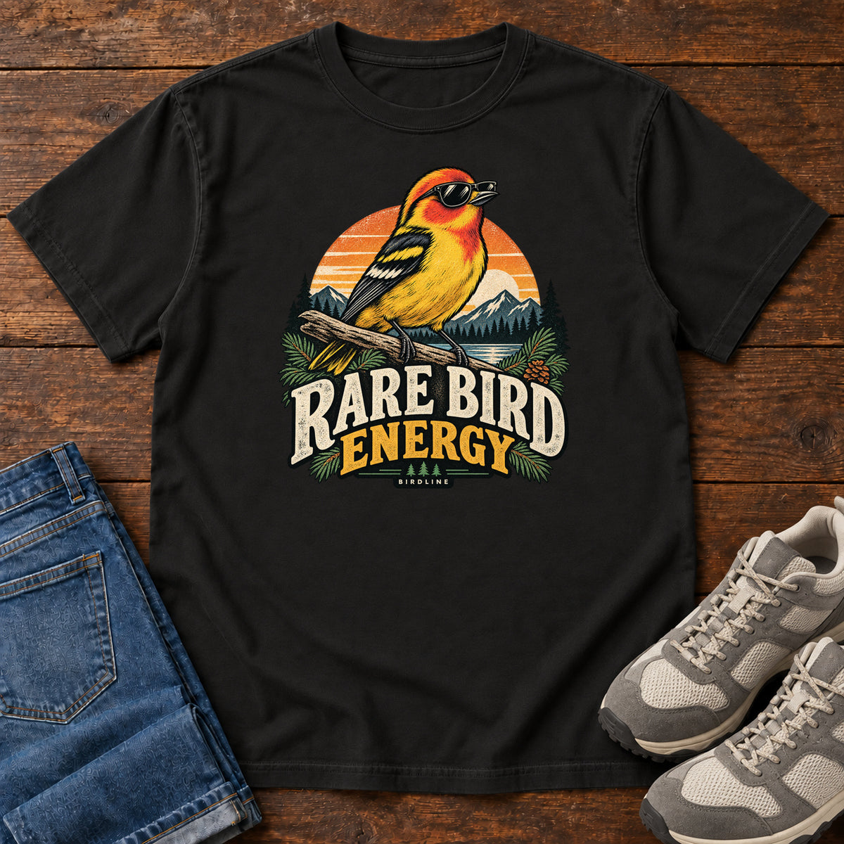 Black Rare Bird Energy T-Shirt with a yellow and orange bird wearing sunglasses before a striped sunset; front flat lay on wood.
