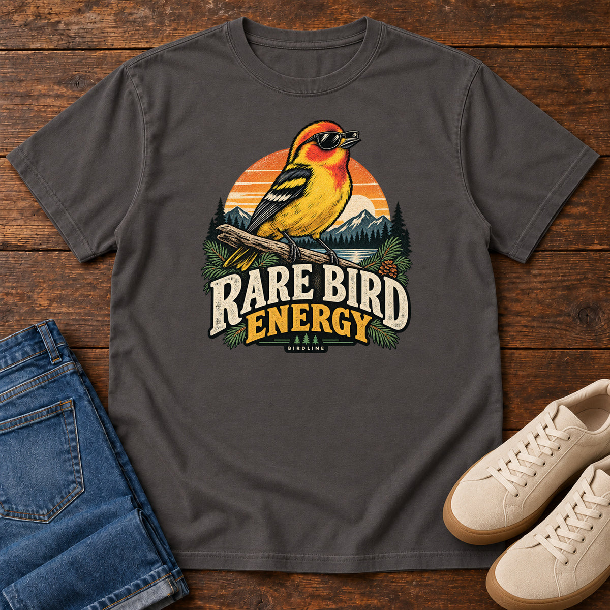 Graphite Rare Bird Energy T-Shirt with a yellow and orange bird wearing sunglasses before a striped sunset; front flat lay on wood.