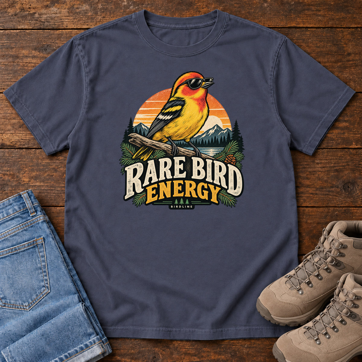 Navy Rare Bird Energy T-Shirt with a yellow and orange bird wearing sunglasses before a striped sunset; front flat lay on wood.
