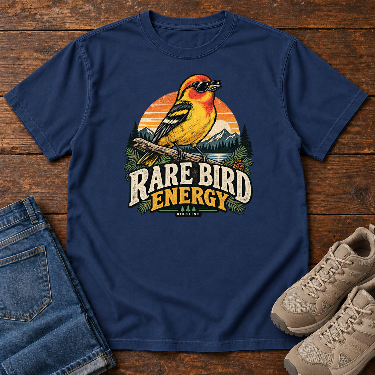 True Navy Rare Bird Energy T-Shirt with a yellow and orange bird wearing sunglasses before a striped sunset; front flat lay on wood.