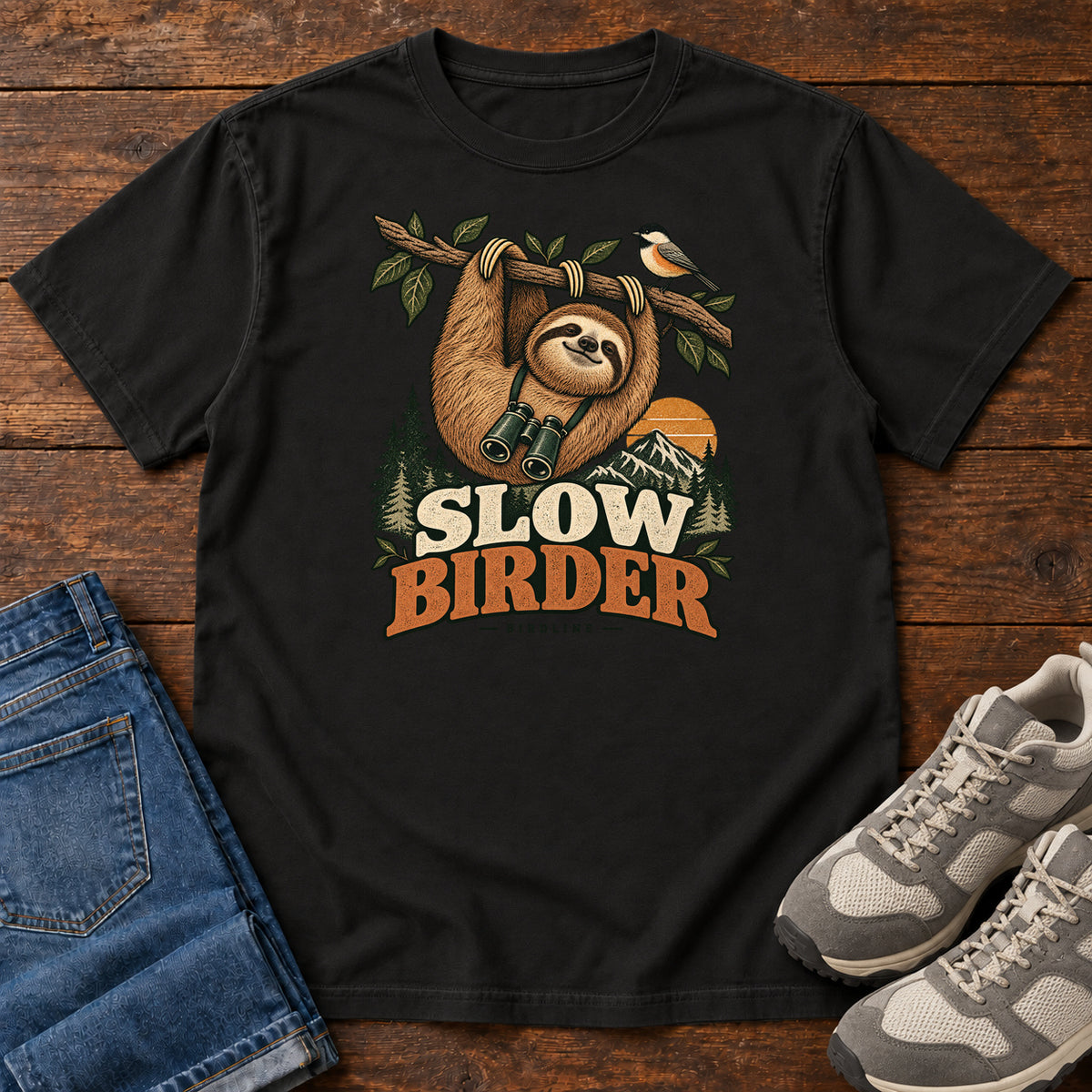 Black Slow Birder T-Shirt with a sloth with binoculars hanging from a branch beside a bird and mountains; front flat lay on wood.