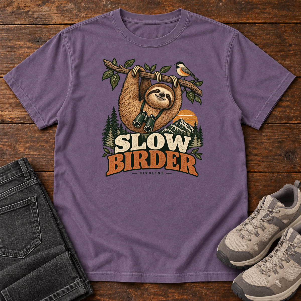 Grape Slow Birder T-Shirt with a sloth with binoculars hanging from a branch beside a bird and mountains; front flat lay on wood.