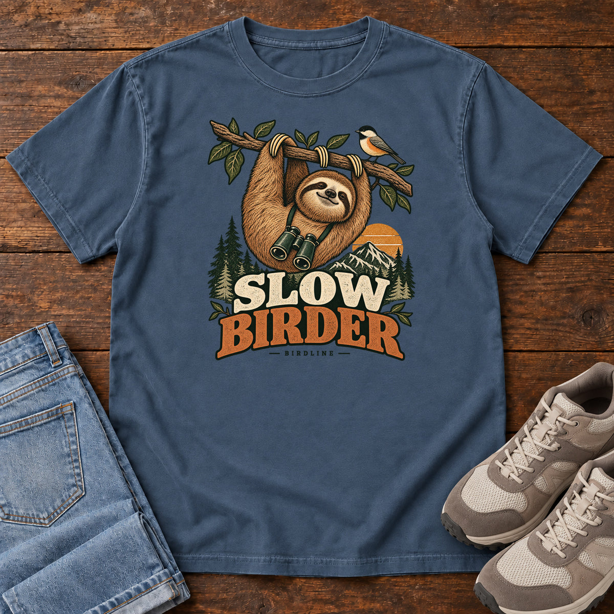 Midnight Slow Birder T-Shirt with a sloth with binoculars hanging from a branch beside a bird and mountains; front flat lay on wood.