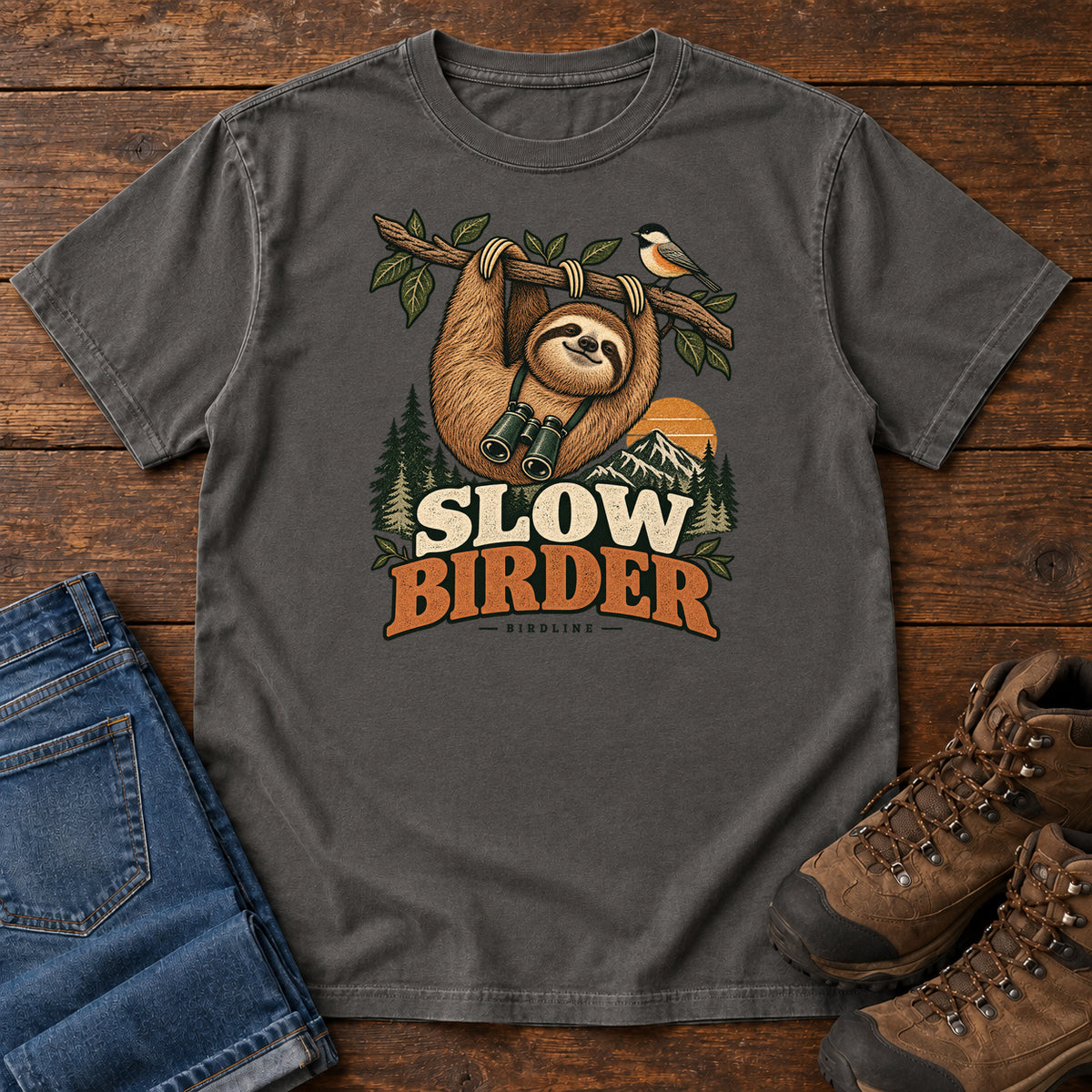Pepper Slow Birder T-Shirt with a sloth with binoculars hanging from a branch beside a bird and mountains; front flat lay on wood.