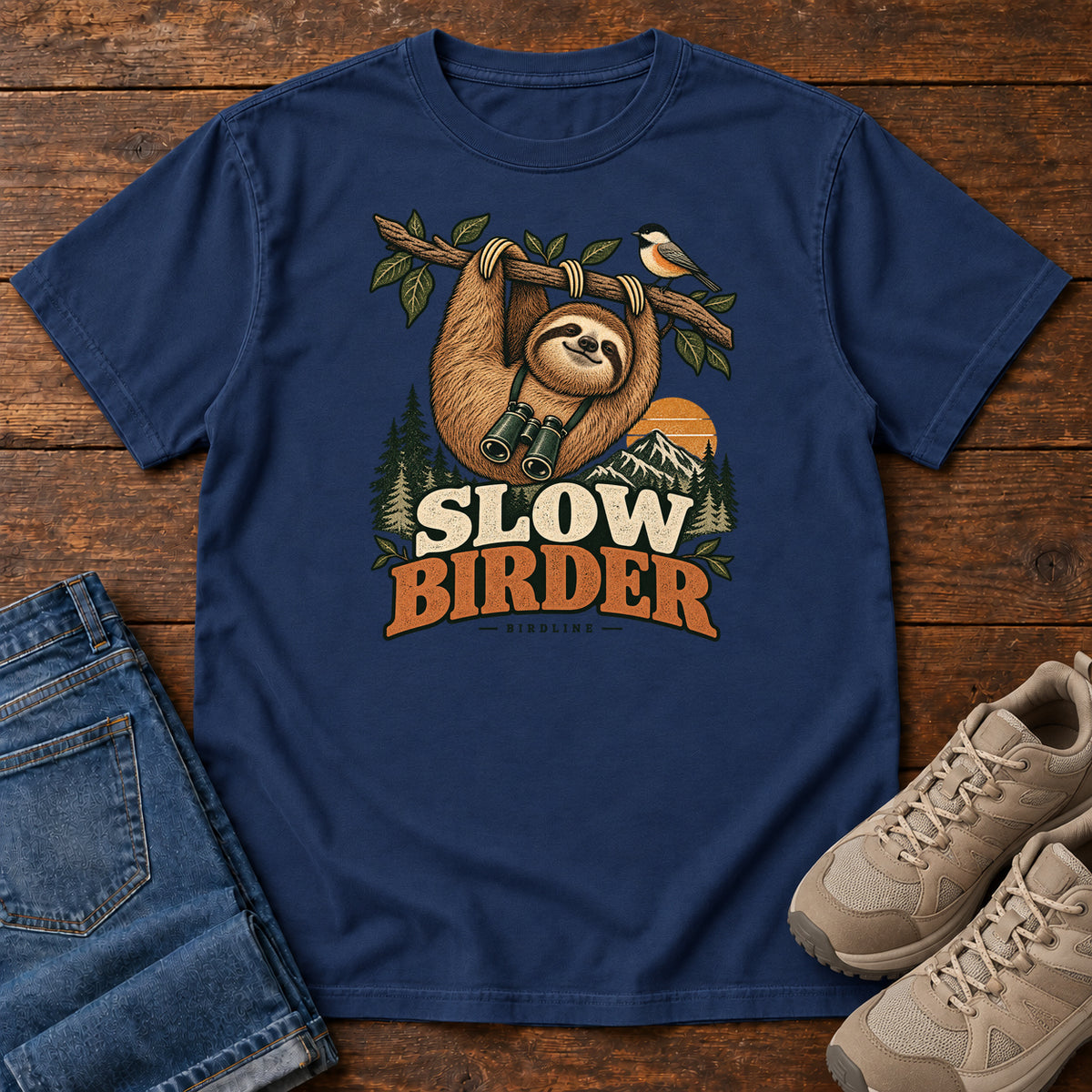 True Navy Slow Birder T-Shirt with a sloth with binoculars hanging from a branch beside a bird and mountains; front flat lay on wood.