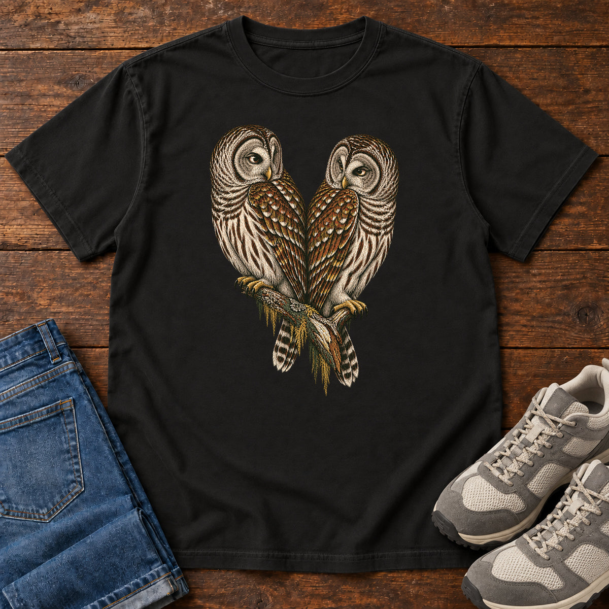 Barred Owl Pair T-Shirt in Black