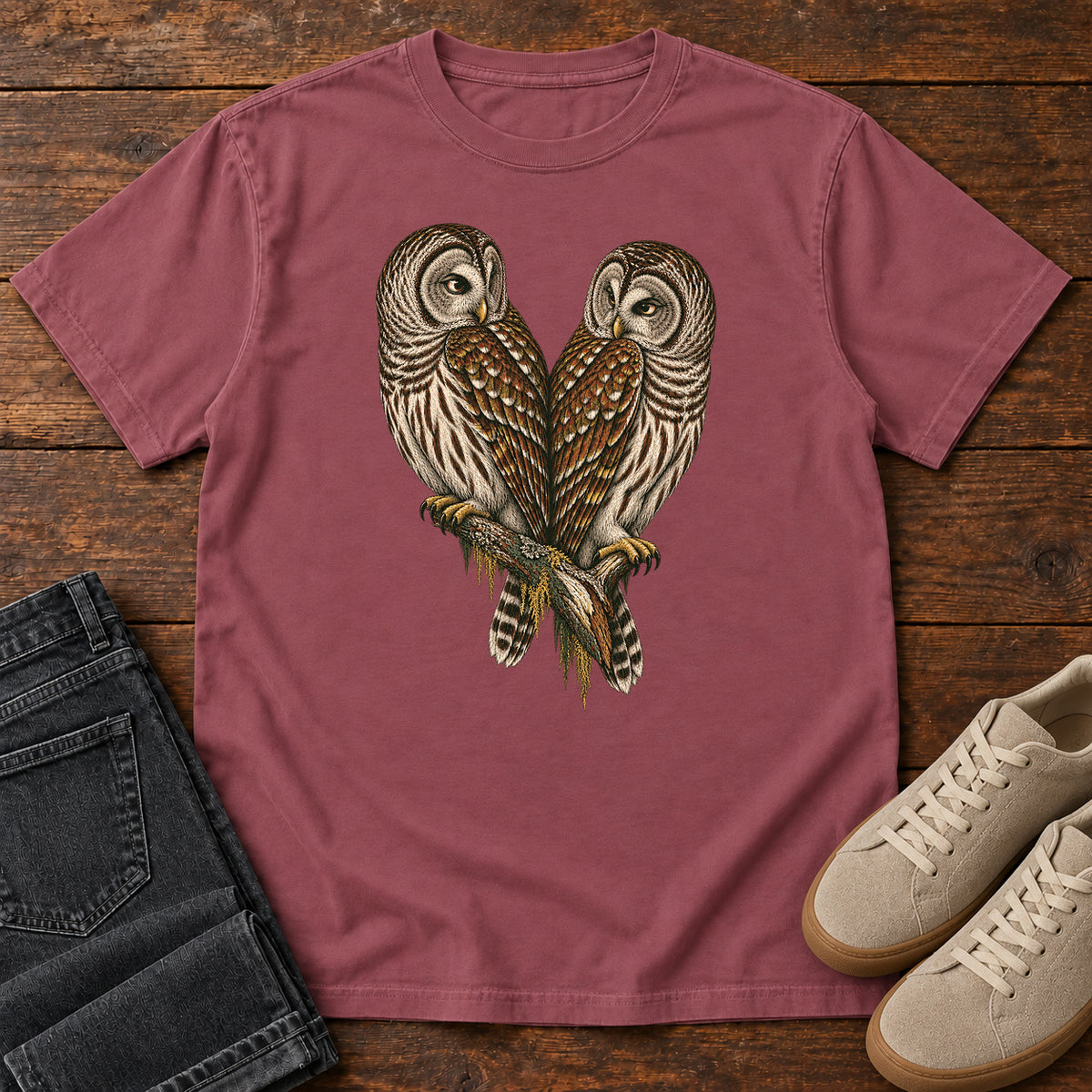 Barred Owl Pair T-Shirt in Brick