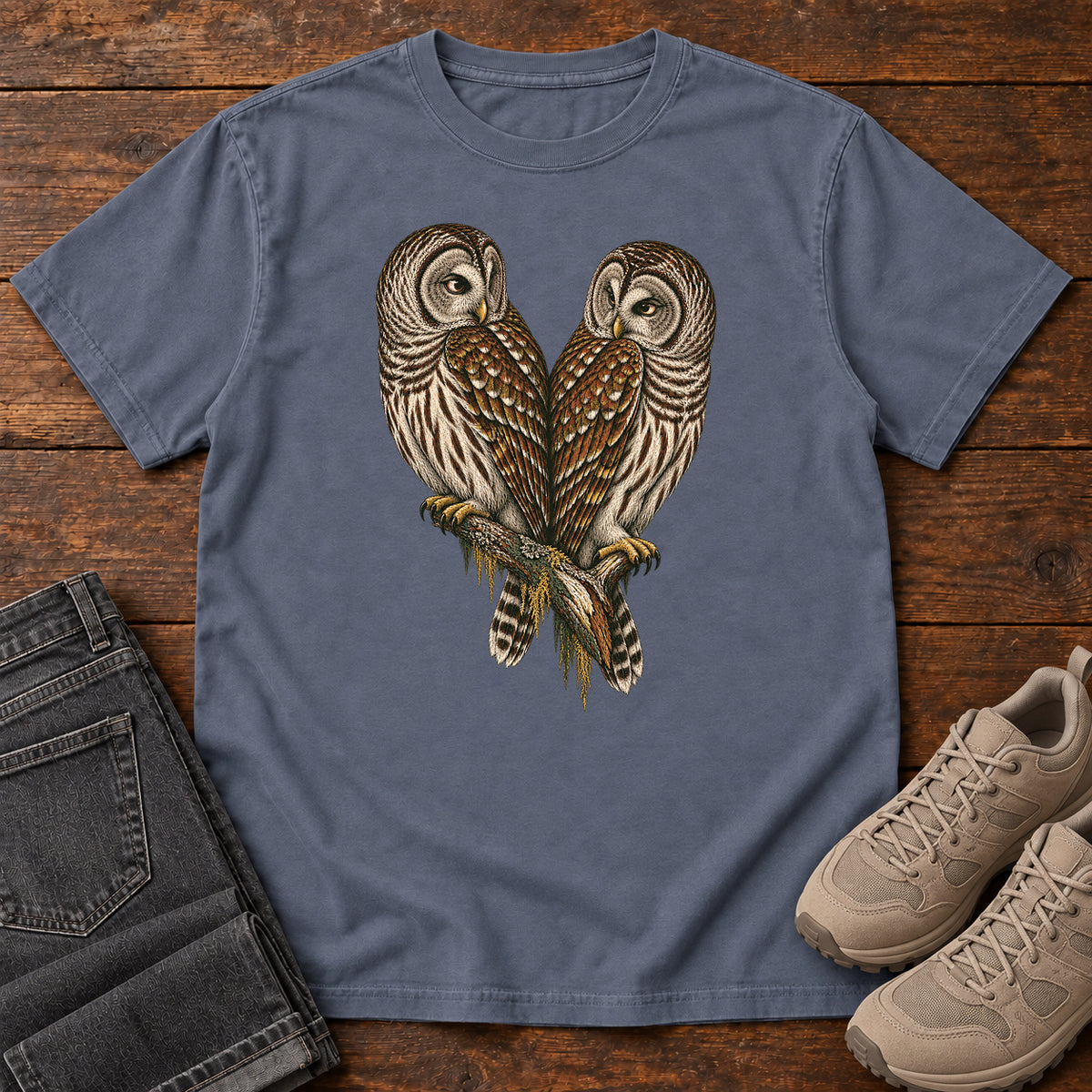 Barred Owl Pair T-Shirt in Denim