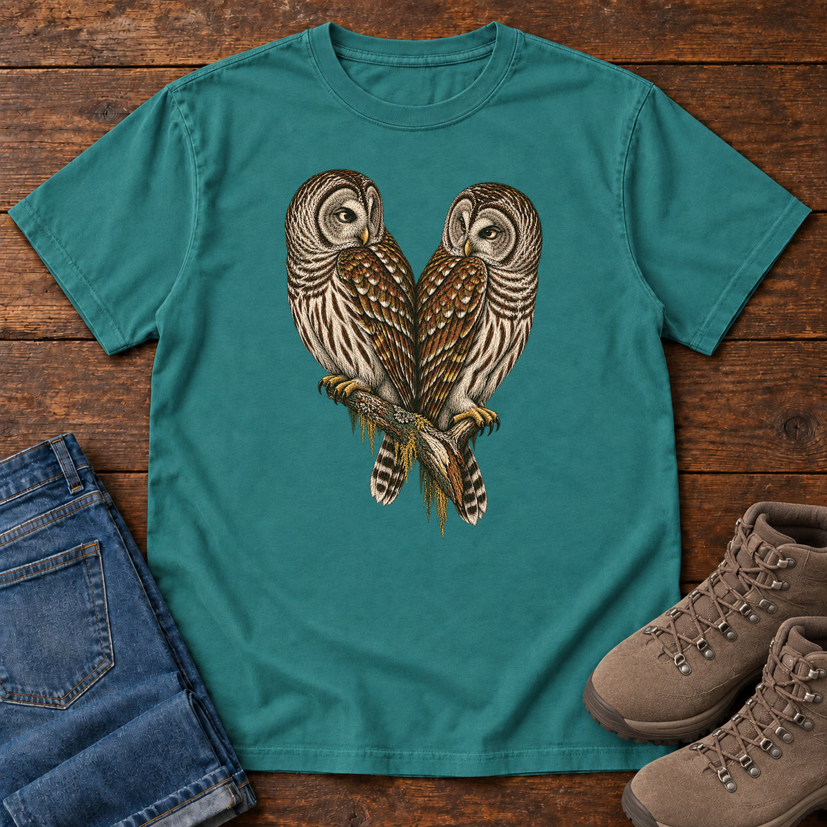 Barred Owl Pair T-Shirt in Emerald