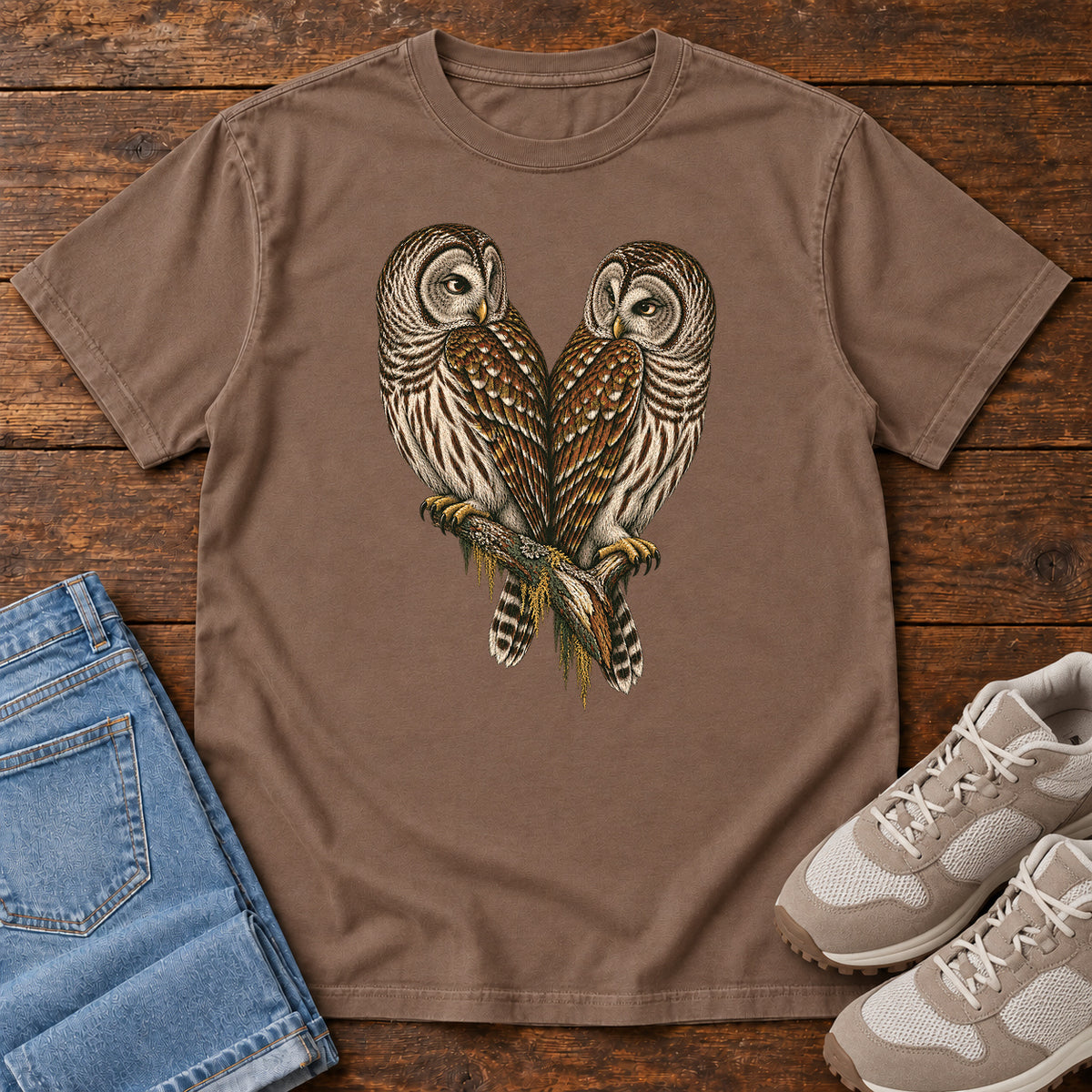 Barred Owl Pair T-Shirt in Espresso