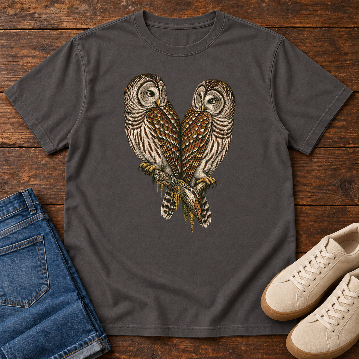 Barred Owl Pair T-Shirt in Graphite