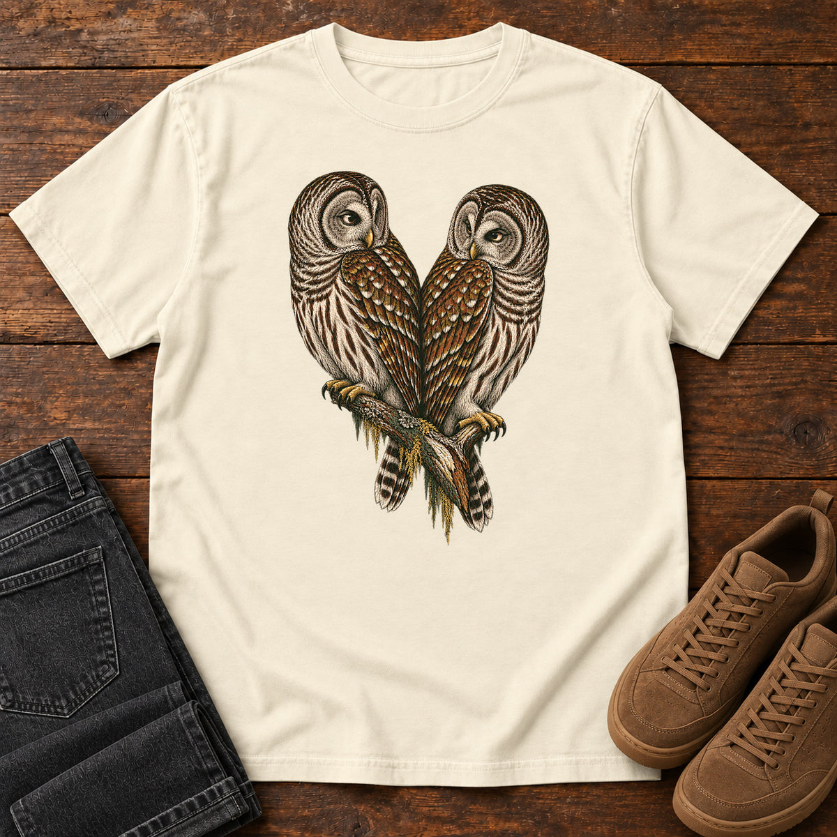Barred Owl Pair T-Shirt in Ivory