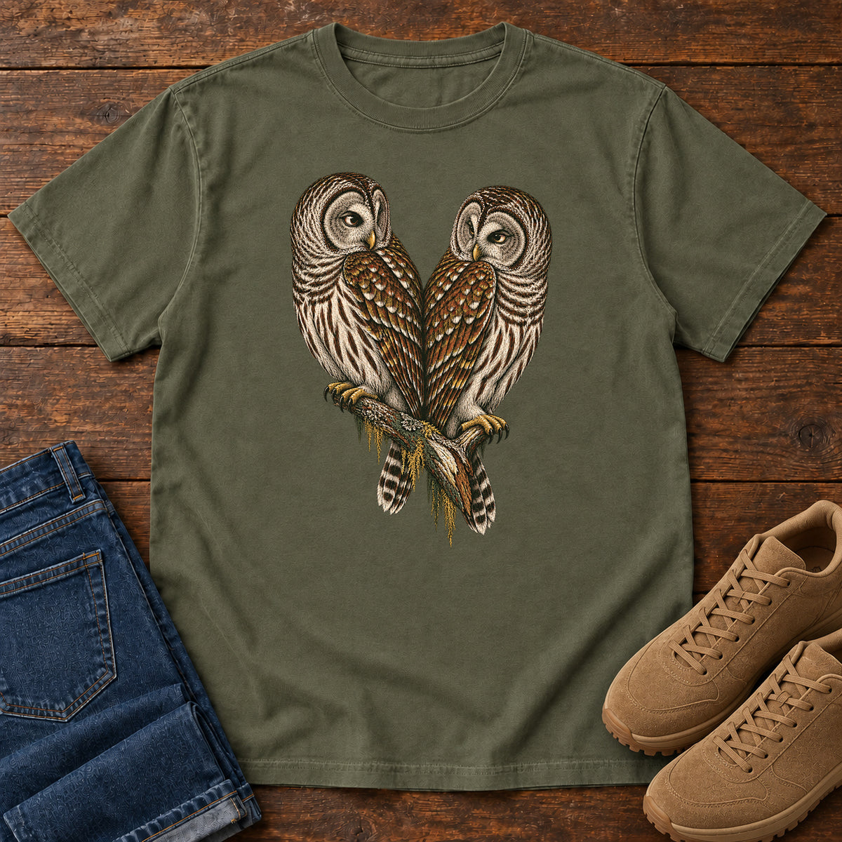 Barred Owl Pair T-Shirt in Sage