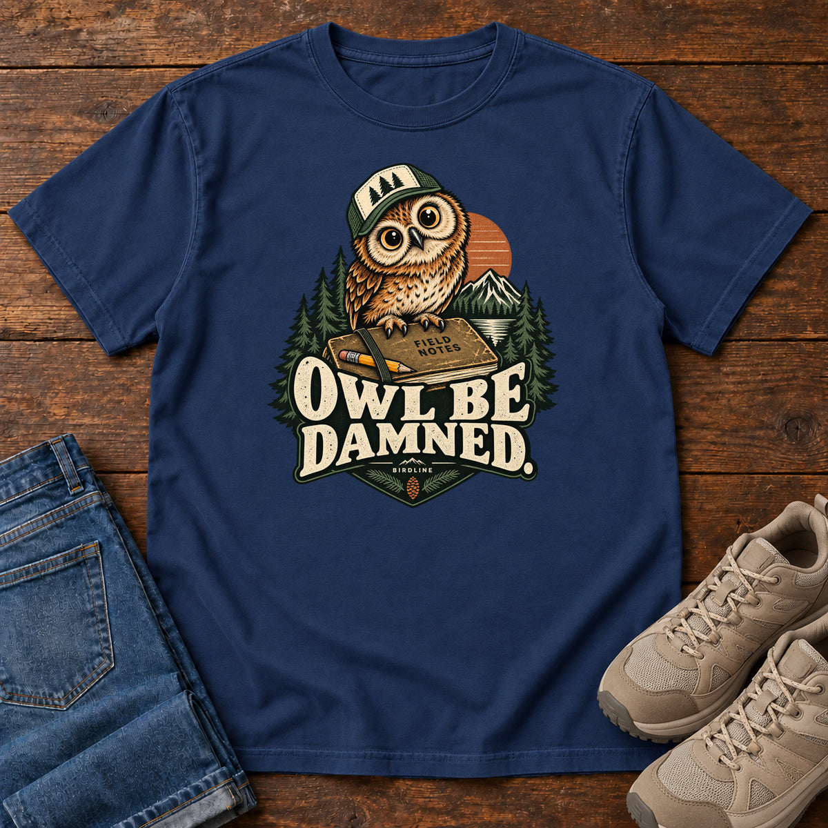 True Navy Owl Be Damned. T-Shirt with a brown owl wearing a green cap on a field notebook, with mountains, trees and cream lettering, front flat lay on wood.