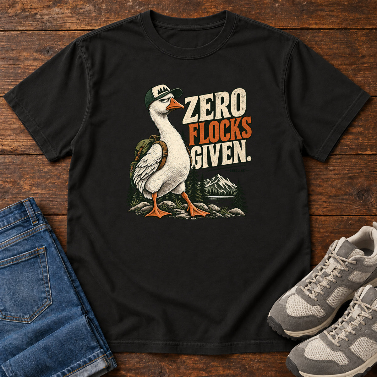 Zero Flocks Given T-Shirt in Black, front laid flat on wood, featuring a white long-necked bird wearing a cap and backpack beside cream-and-orange lettering and mountains.