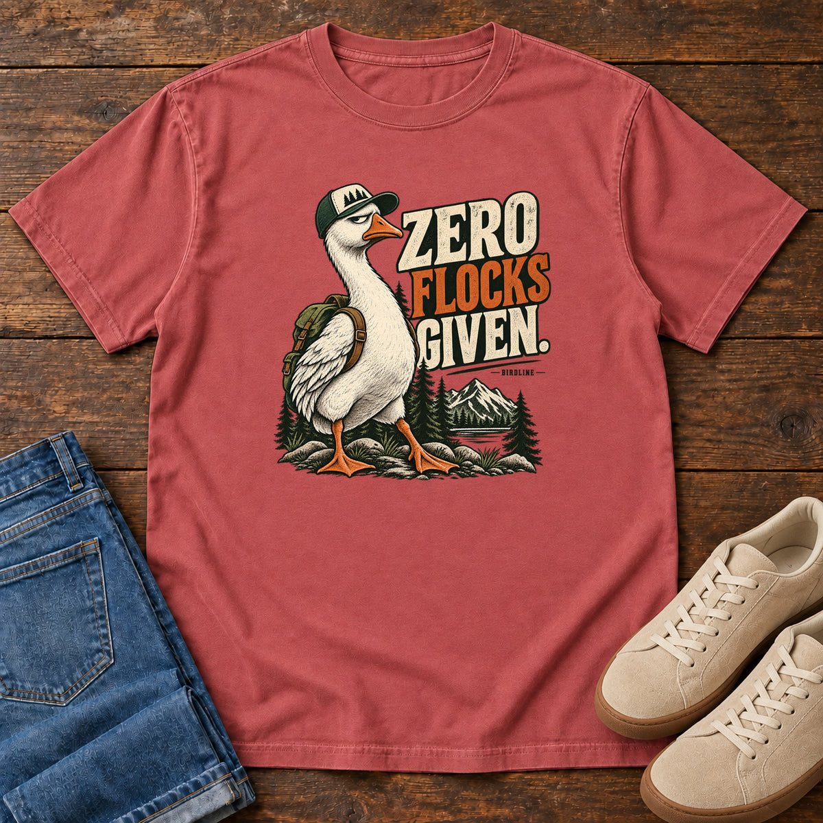 Zero Flocks Given T-Shirt in Crimson, front laid flat on wood, featuring a white long-necked bird wearing a cap and backpack beside cream-and-orange lettering and mountains.