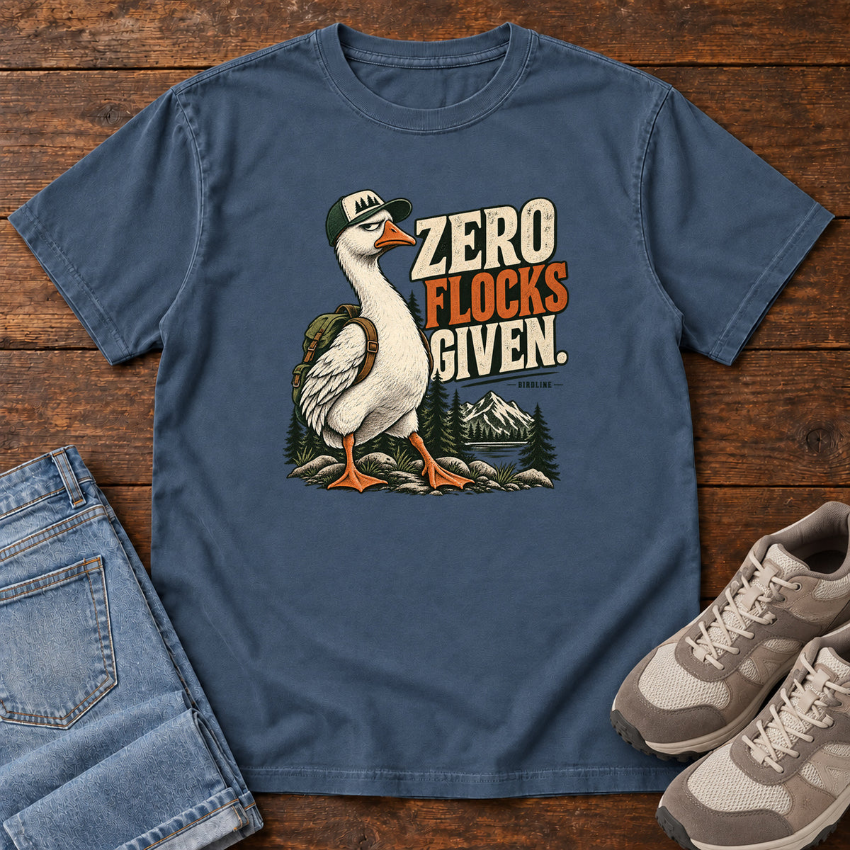 Zero Flocks Given T-Shirt in Midnight, front laid flat on wood, featuring a white long-necked bird wearing a cap and backpack beside cream-and-orange lettering and mountains.