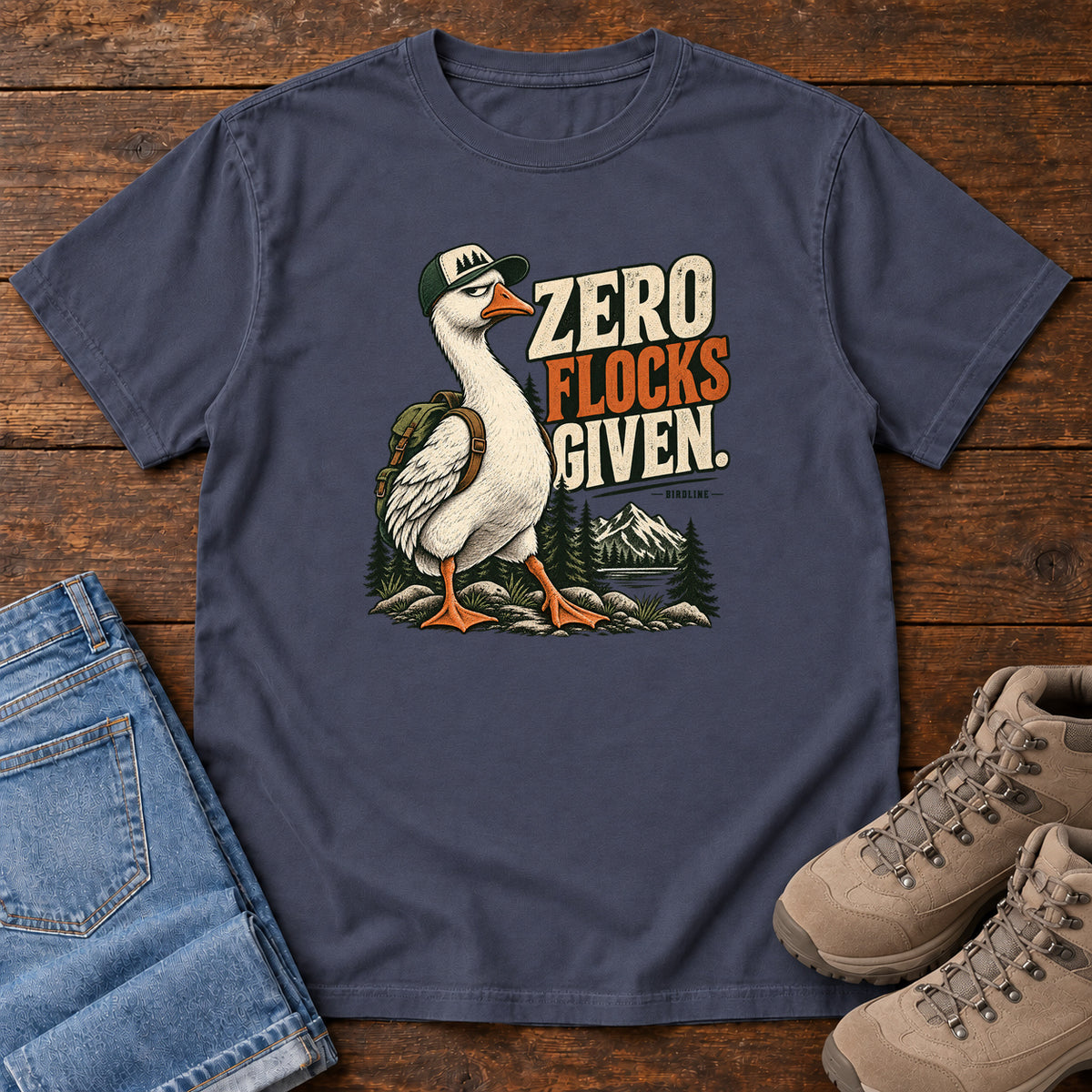 Zero Flocks Given T-Shirt in Navy, front laid flat on wood, featuring a white long-necked bird wearing a cap and backpack beside cream-and-orange lettering and mountains.