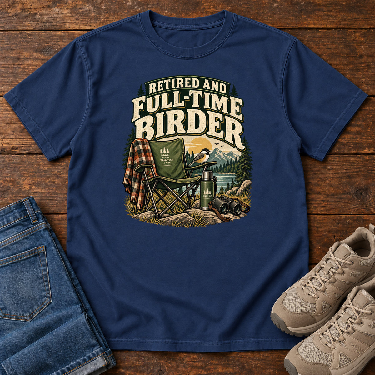 True Navy Retired and Full-Time Birder T-Shirt with a camp chair, plaid shirt, flask and binoculars in a mountain-lake scene, front flat lay on wood.