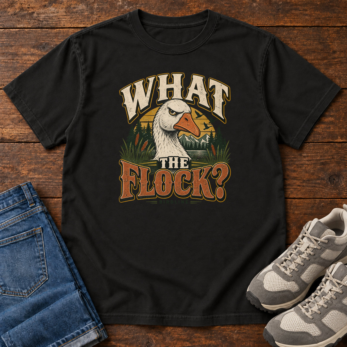 Black What the Flock? T-Shirt with a white goose head, evergreens and cream and orange slogan lettering; front flat lay on wood.