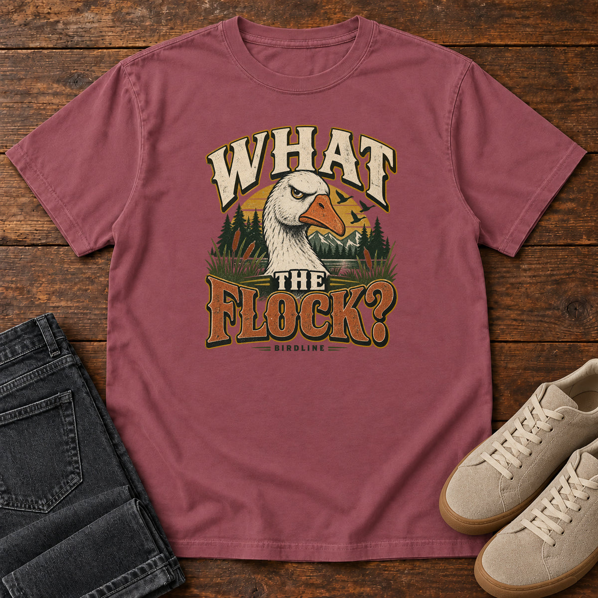 Brick What the Flock? T-Shirt with a white goose head, evergreens and cream and orange slogan lettering; front flat lay on wood.