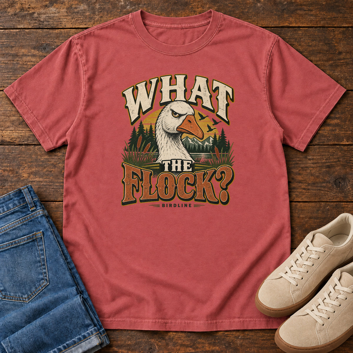 Crimson What the Flock? T-Shirt with a white goose head, evergreens and cream and orange slogan lettering; front flat lay on wood.