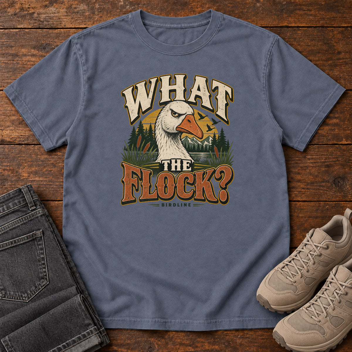 Denim What the Flock? T-Shirt with a white goose head, evergreens and cream and orange slogan lettering; front flat lay on wood.