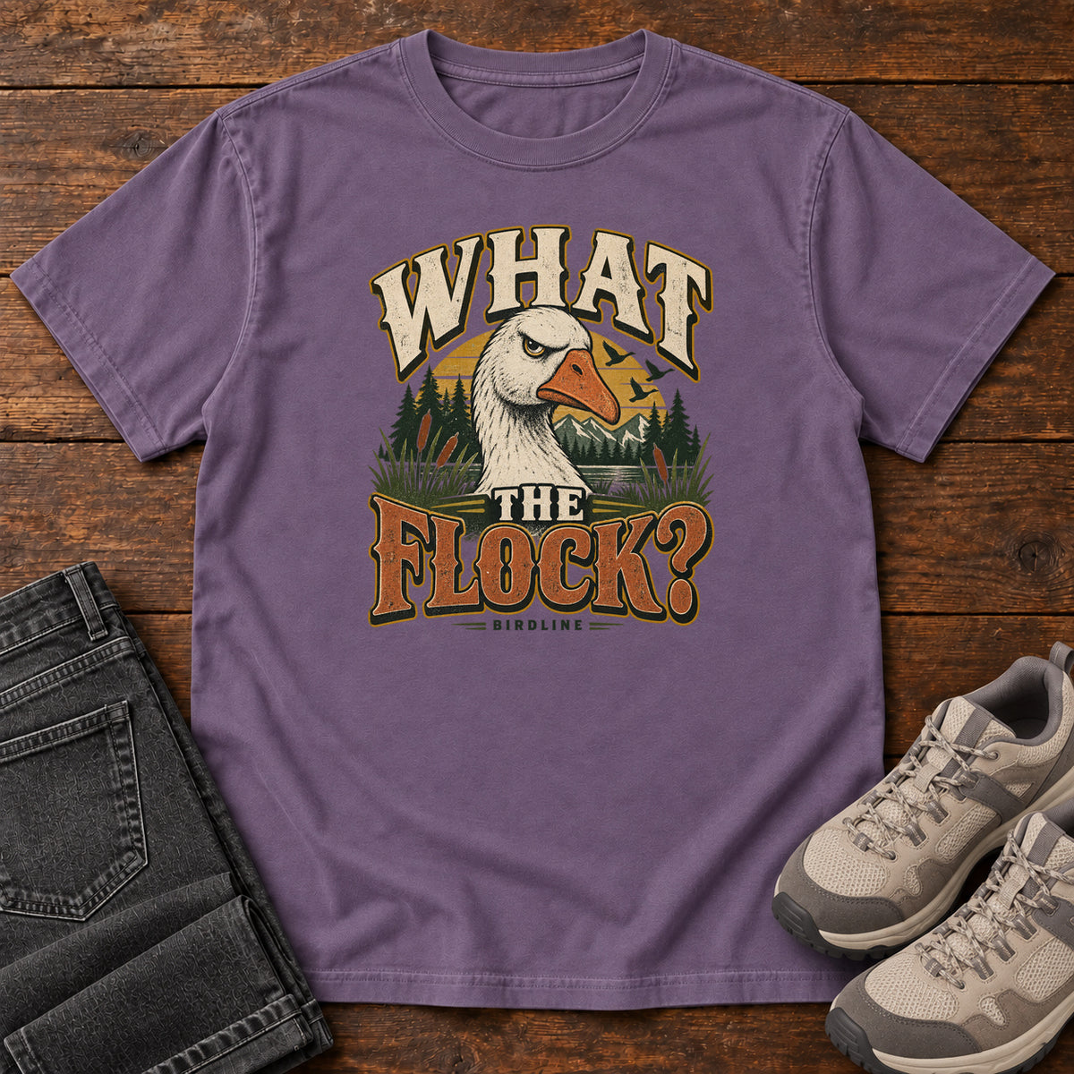 Grape What the Flock? T-Shirt with a white goose head, evergreens and cream and orange slogan lettering; front flat lay on wood.