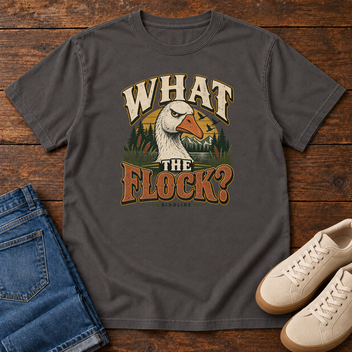 Graphite What the Flock? T-Shirt with a white goose head, evergreens and cream and orange slogan lettering; front flat lay on wood.