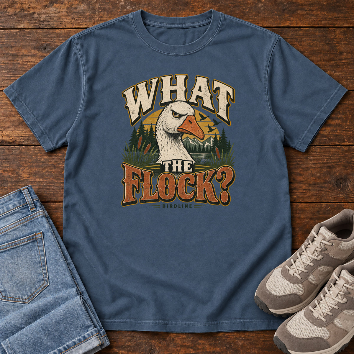 Midnight What the Flock? T-Shirt with a white goose head, evergreens and cream and orange slogan lettering; front flat lay on wood.