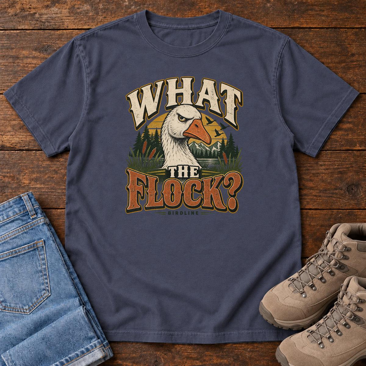 Navy What the Flock? T-Shirt with a white goose head, evergreens and cream and orange slogan lettering; front flat lay on wood.