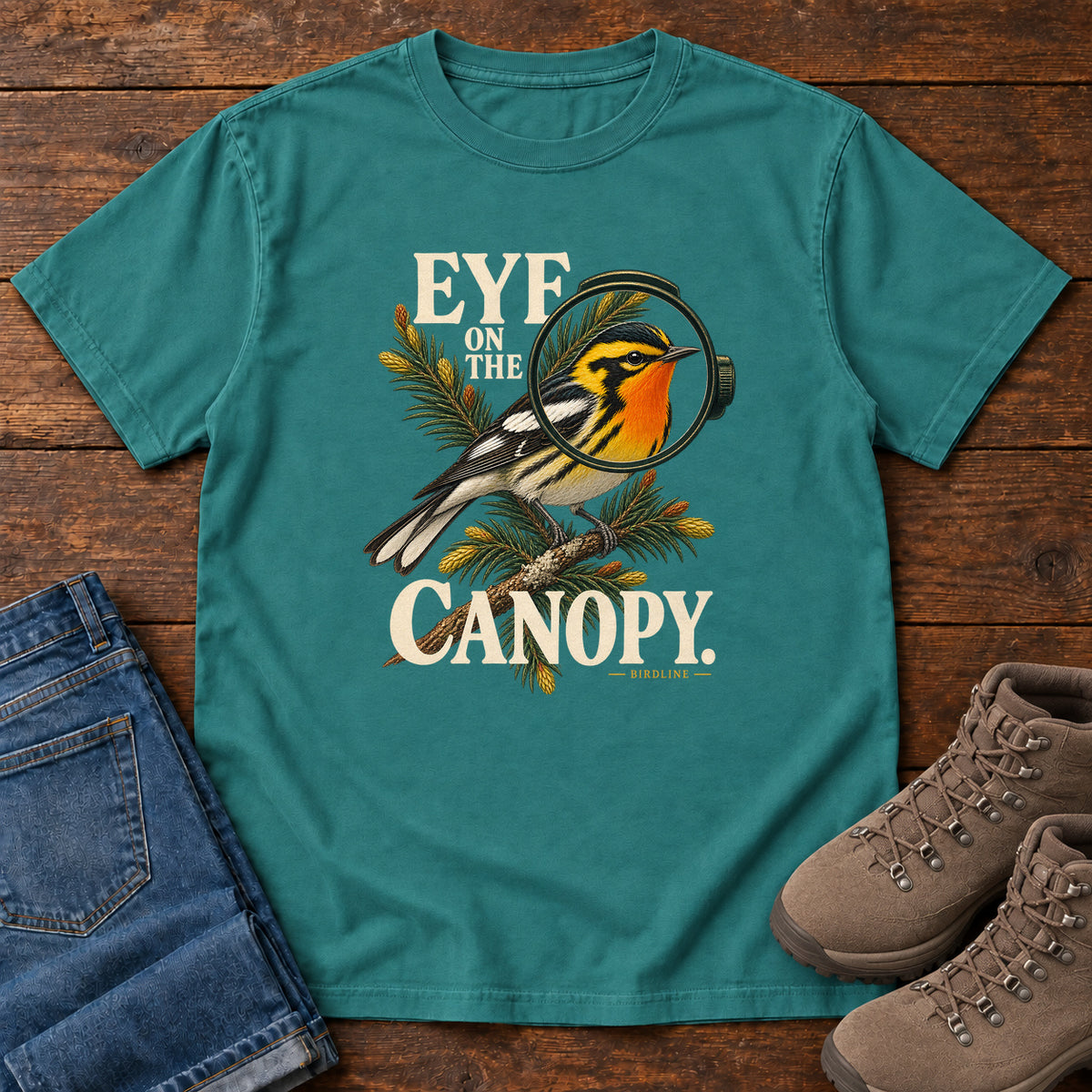 Eye on the Canopy Warbler T-Shirt in Emerald