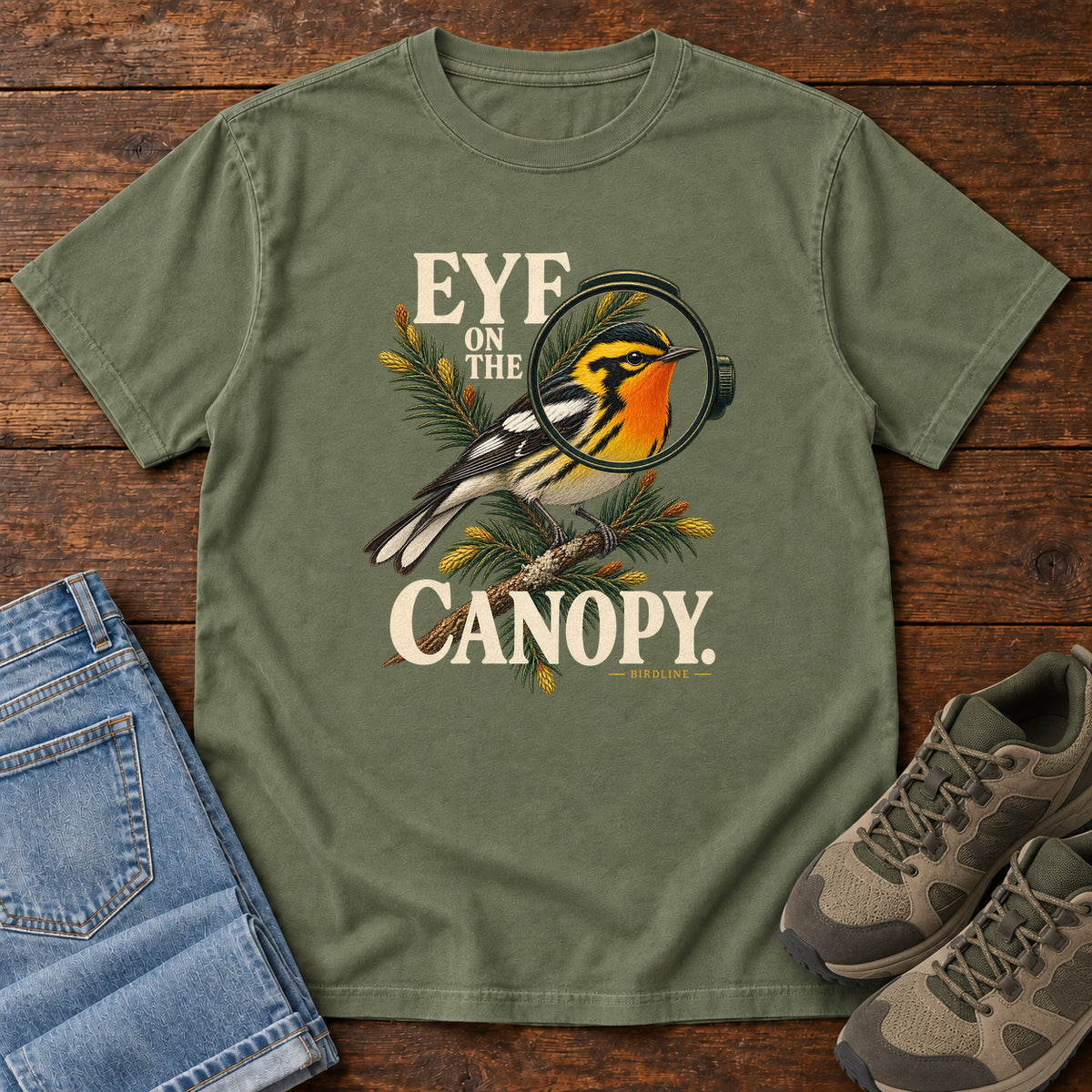 Eye on the Canopy Warbler T-Shirt in Moss